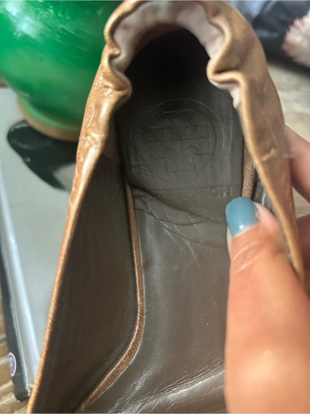 Tory Burch Tan Leather Logo Ballet Flats with Gold Medallions